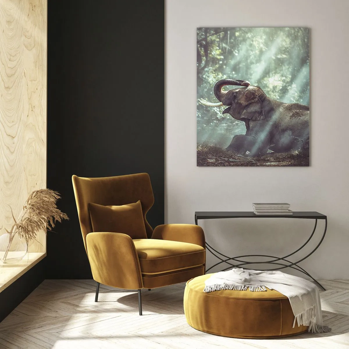Cuadro sobre vidrio - Impresiones sobre Vidrio - Un niño y un elefante en un entorno forestal iluminado por la luz del sol. - 70x100cm - Y escucha esto... - Decoración de pared moderna para salón y dormitorio ARTTOR