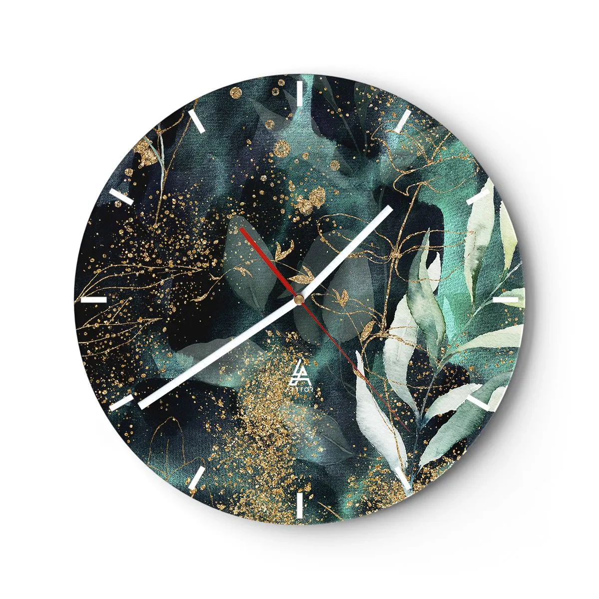 Reloj de pared - Reloj de vidrio - Hojas verdes y acentos dorados sobre un fondo oscuro. - 30x30cm - Jardín encantado - Decoración de pared moderna para salón, cocina y dormitorio ARTTOR