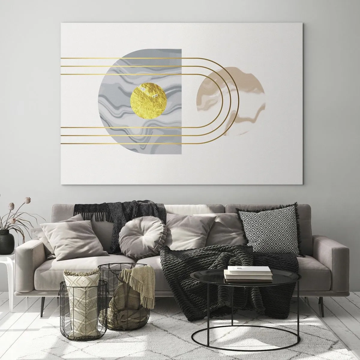 Cuadro sobre vidrio - Impresiones sobre Vidrio - Cuadro abstracto en dorado y gris - 70x50cm - Brillo y resplandor - Decoración de pared moderna para salón y dormitorio ARTTOR