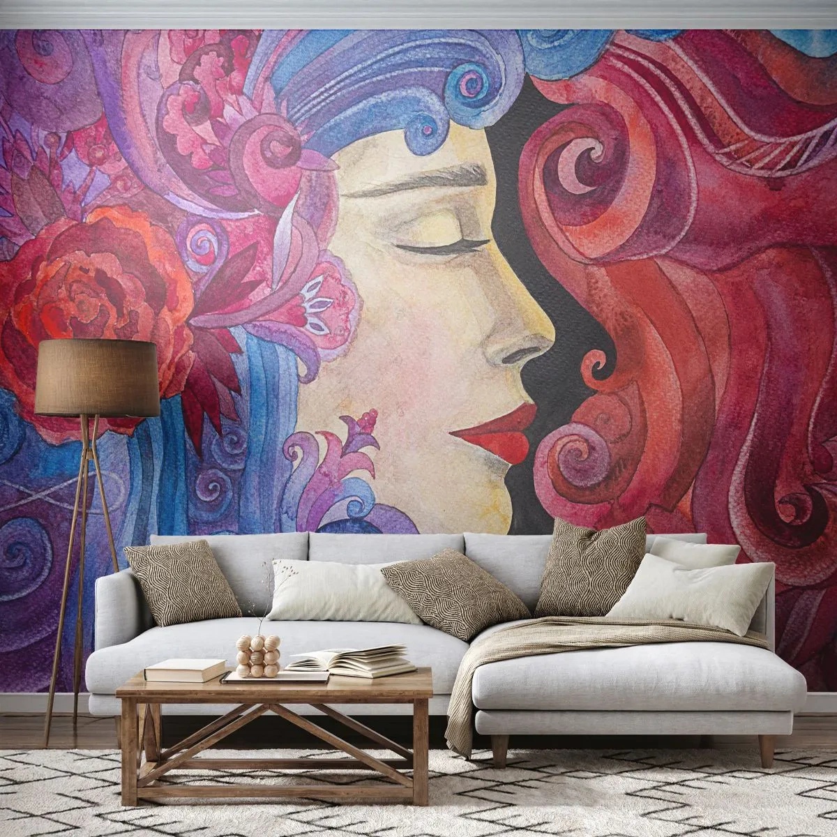 Fotomural Standard Eco - Inspiración en rojo y violeta - Mujer, flores, Diosa - 200x140 cm