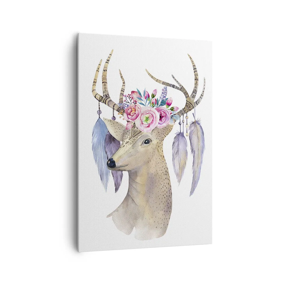 Cuadro sobre lienzo - Impresión de Imagen - Gráfico romántico de ciervo con flores y plumas. - 70x100cm - Guía del alma - gentil, inocente - Decoración de pared moderna para salón y dormitorio ARTTOR