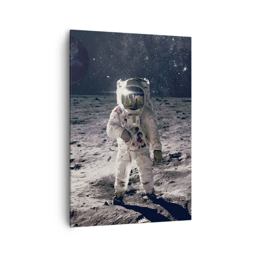Cuadro sobre lienzo - Impresión de Imagen - Astronauta en la superficie de la Luna con la Tierra al fondo - 70x100cm - Saludos desde la Luna - Decoración de pared moderna para salón y dormitorio ARTTOR