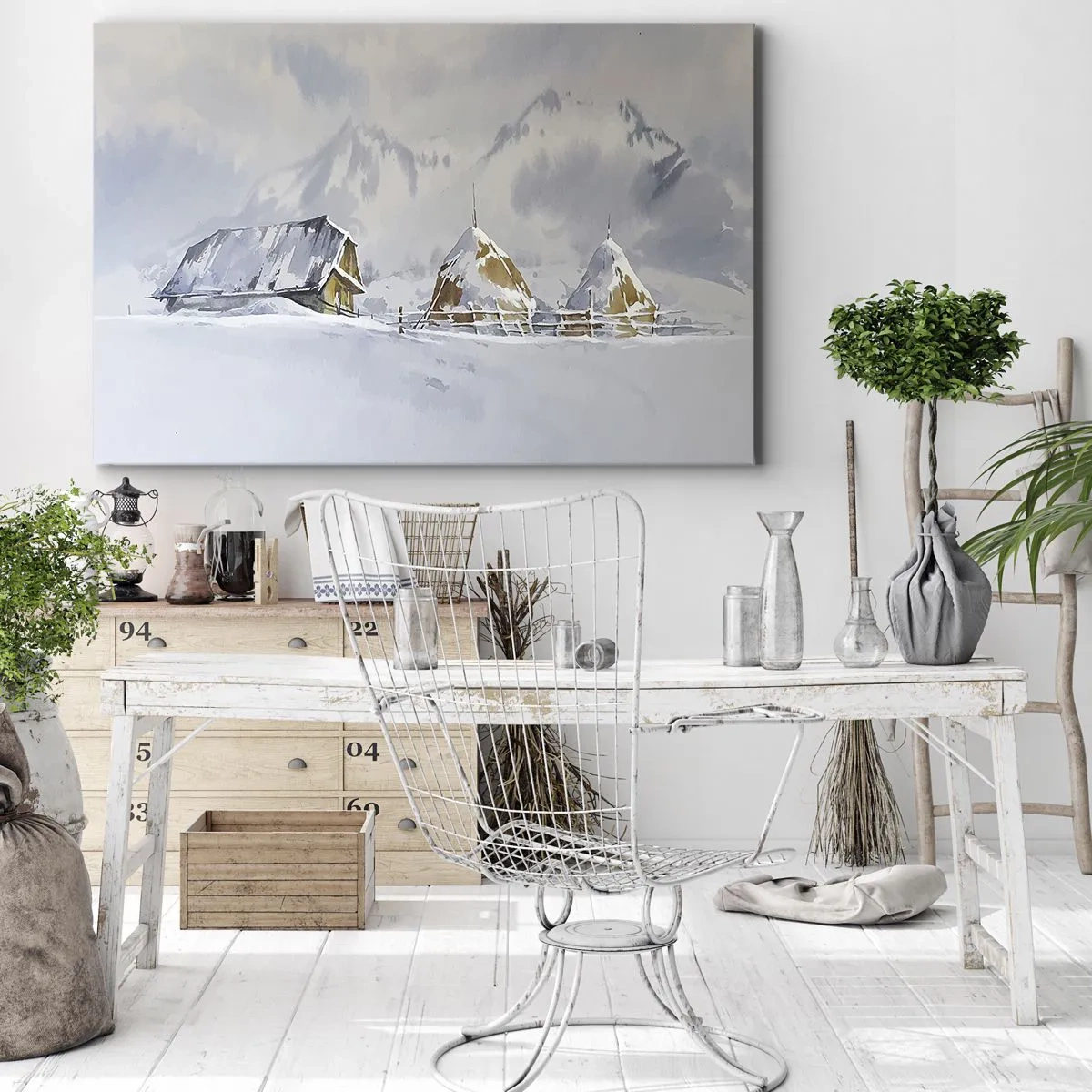 Cuadro sobre lienzo - Impresión de Imagen - Paisaje invernal con una cabaña y pajares en las montañas - 70x50cm - En un valle nevado - Decoración de pared moderna para salón y dormitorio ARTTOR
