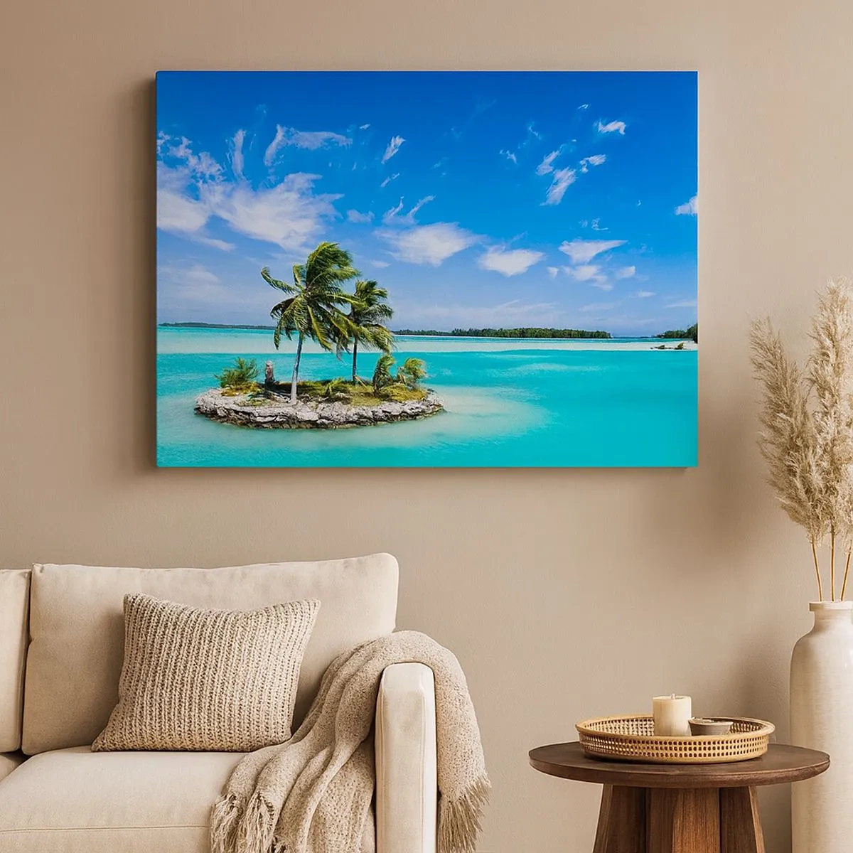 Cuadro sobre lienzo - Impresión de Imagen - Una isla exótica con palmeras sobre aguas turquesas. - 70x50cm - El paraíso en la Tierra - Decoración de pared moderna para salón y dormitorio ARTTOR