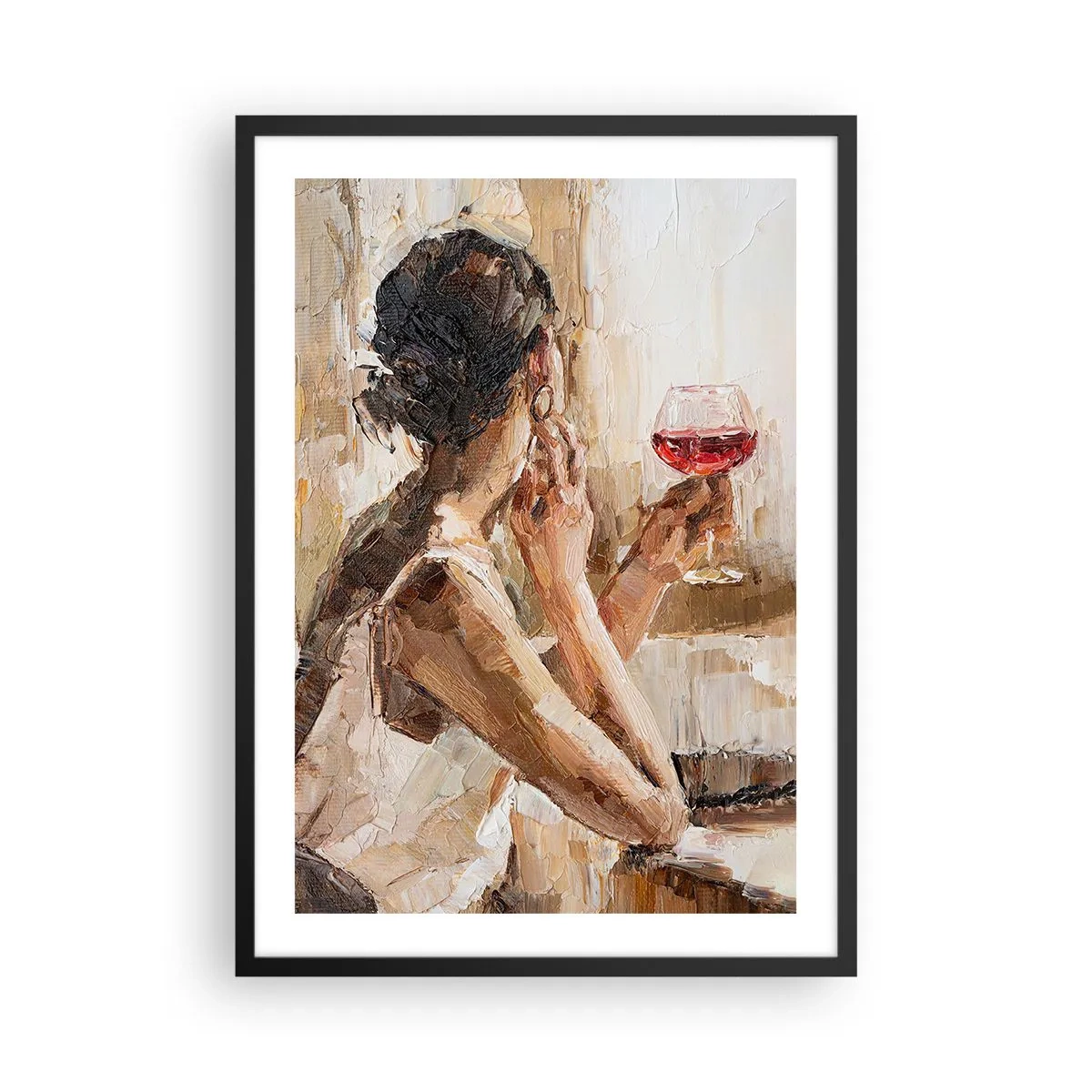 Póster en marco negro - Una mujer sosteniendo una copa de vino, con aspecto pensativo. - 50x70cm - El sabor de un buen momento - Decoración de pared moderna para salón y dormitorio ARTTOR