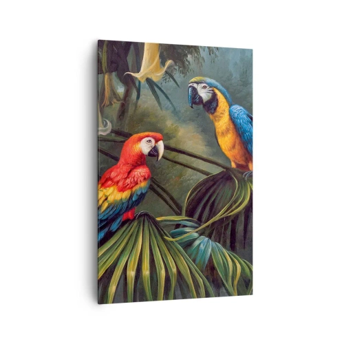 Cuadro sobre lienzo - Impresión de Imagen - Loros en un bosque tropical con flores exóticas al fondo. - 80x120cm - Romanticismo en los trópicos - Decoración de pared moderna para salón y dormitorio ARTTOR