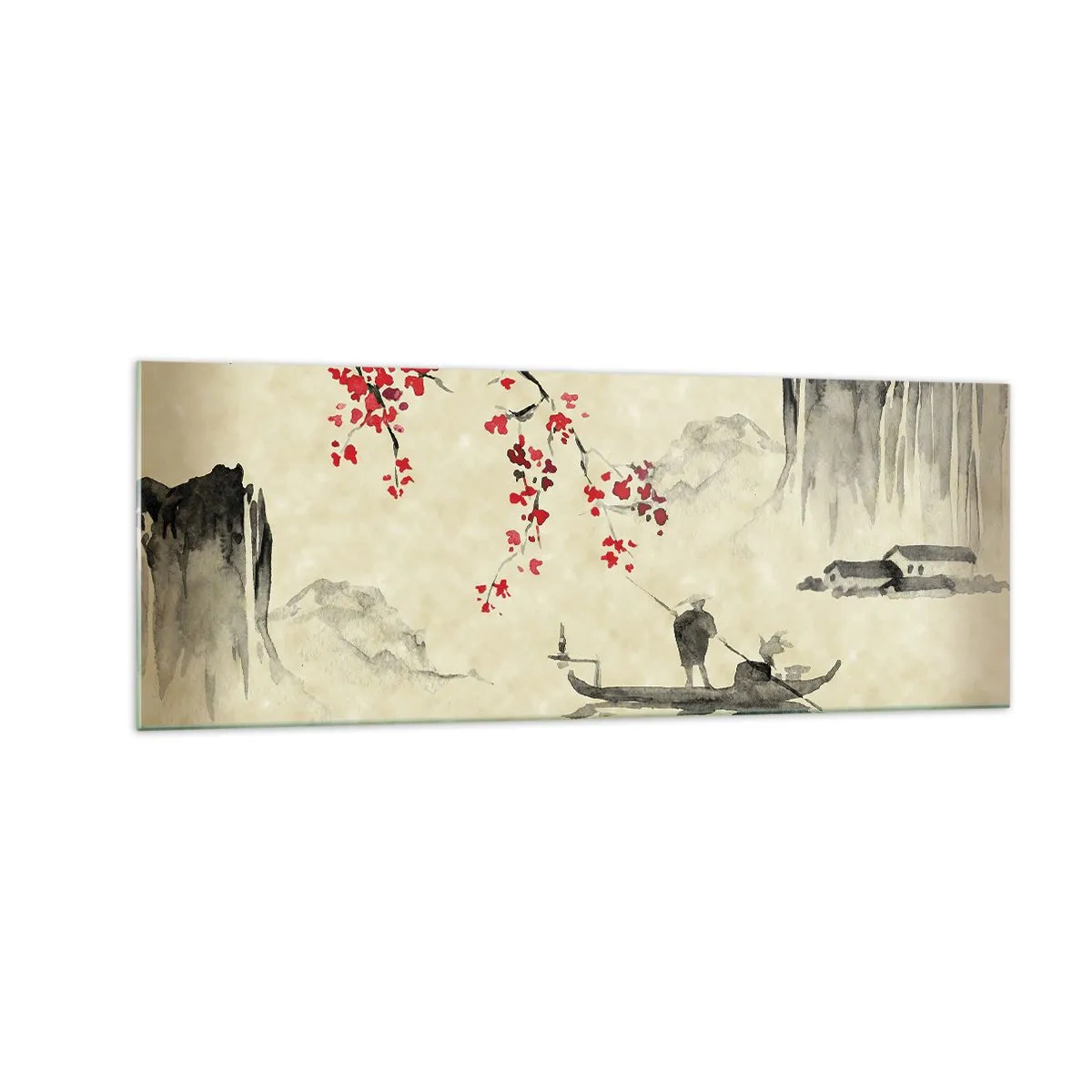 Cuadro sobre vidrio - Impresiones sobre Vidrio - Ilustración oriental con un barco y una rama floreciente. - 140x50cm - En el país de los cerezos en flor - Decoración de pared moderna para salón y dormitorio ARTTOR