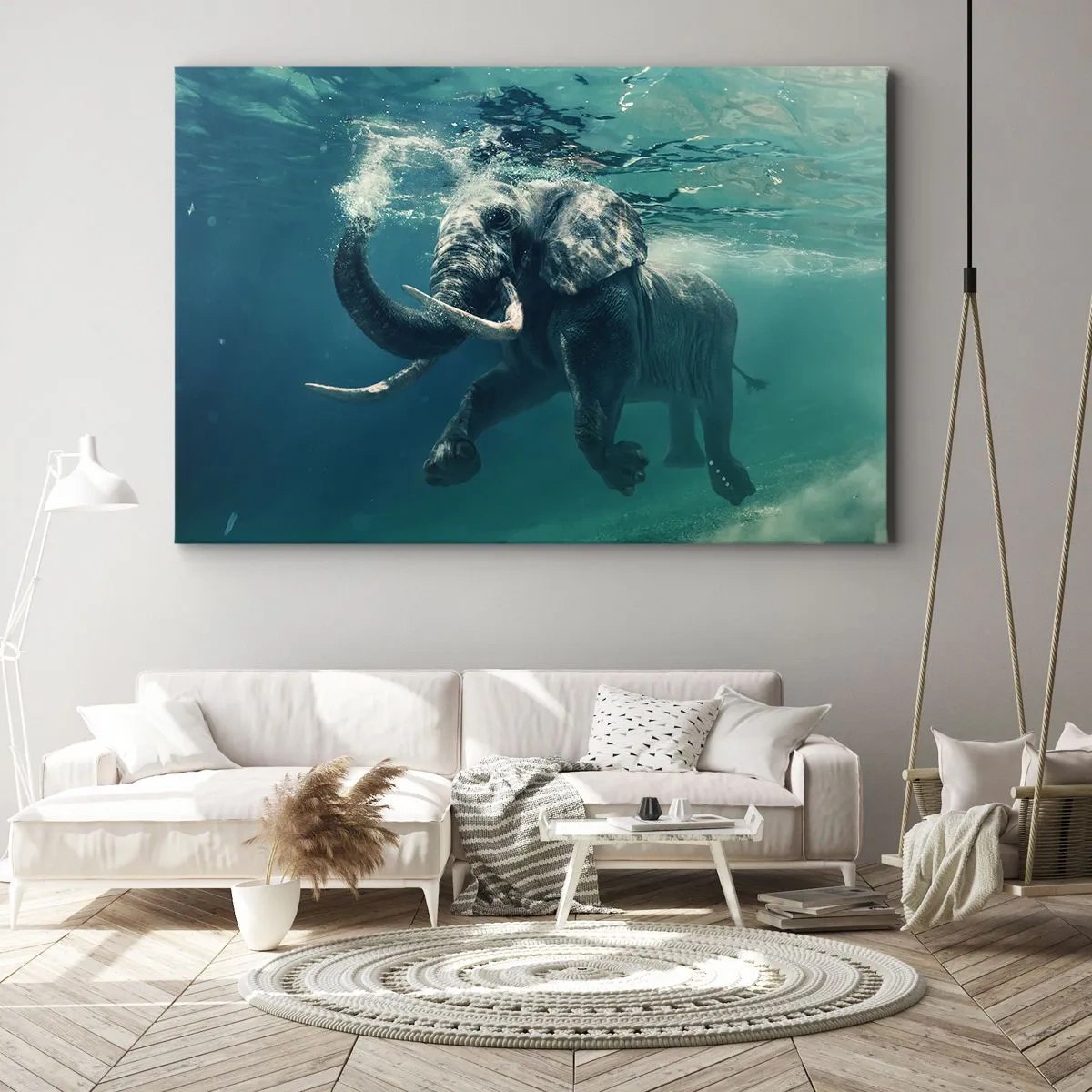 Cuadro sobre lienzo - Impresión de Imagen - Un elefante nadando bajo el agua en las profundidades turquesas. - 70x50cm - A todos nos gusta nadar - Decoración de pared moderna para salón y dormitorio ARTTOR
