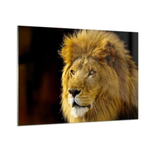 Cuadro sobre vidrio - Impresiones sobre Vidrio - Retrato de un león majestuoso sobre un fondo oscuro - 100x70cm - Retrato de un rey - Decoración de pared moderna para salón y dormitorio ARTTOR