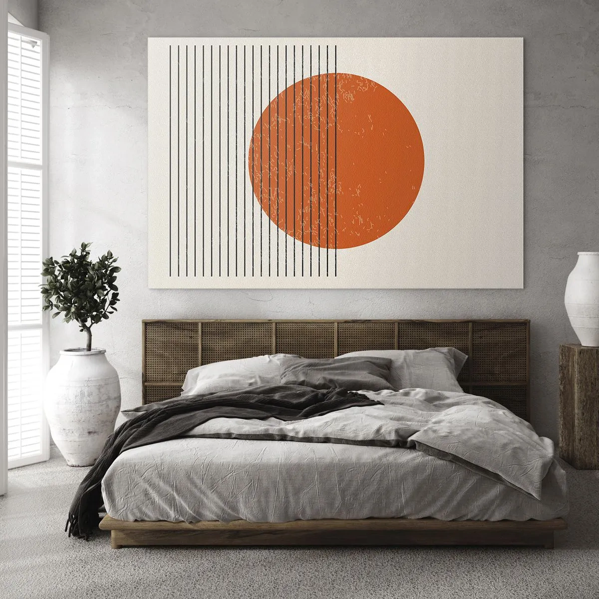 Cuadro sobre vidrio - Impresiones sobre Vidrio - Composición geométrica con círculo naranja y líneas. - 70x50cm - Siempre el sol - Decoración de pared moderna para salón y dormitorio ARTTOR