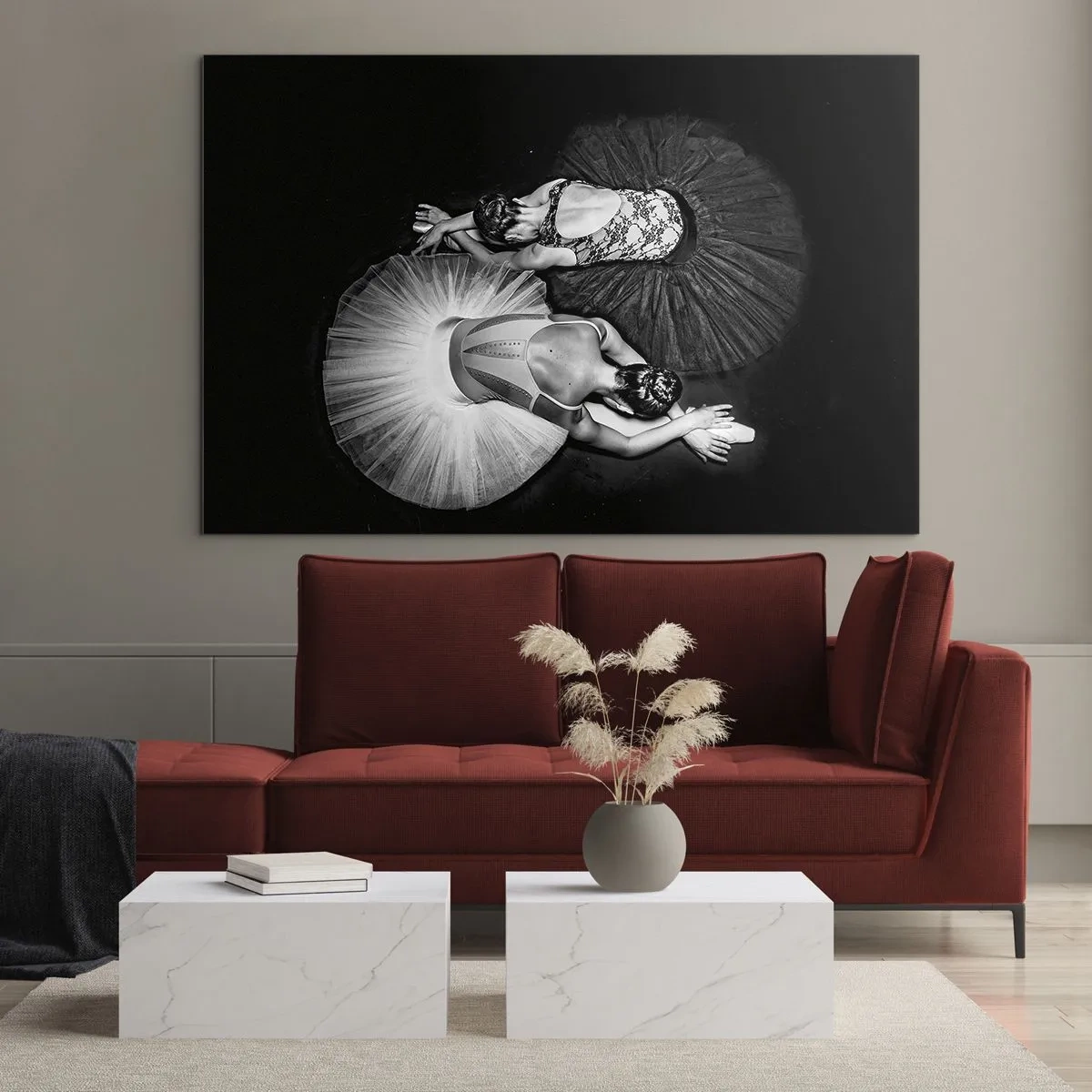 Cuadro sobre vidrio - Impresiones sobre Vidrio - Dos bailarinas en pose de descanso con tutús blancos y negros. - 100x70cm - Yin y yang: el equilibrio perfecto - Decoración de pared moderna para salón y dormitorio ARTTOR
