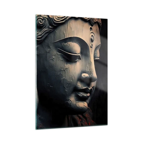 Cuadro sobre vidrio - Impresiones sobre Vidrio - Perfil de una figura meditando con una flor roja sobre un fondo oscuro. - 50x70cm - En sintonía con el mundo - Decoración de pared moderna para salón y dormitorio ARTTOR