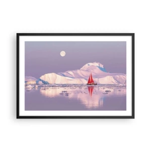 Póster en marco negro - Una vela roja con el telón de fondo de montañas heladas y una luna llena. - 70x50cm - El calor de la vela, el frío del hielo - Decoración de pared moderna para salón y dormitorio ARTTOR
