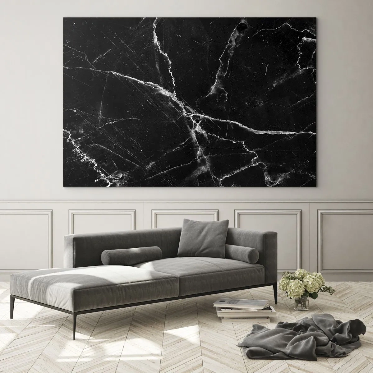 Cuadro sobre vidrio - Impresiones sobre Vidrio - Superficie de mármol negro con vetas claras. - 120x80cm - La vida secreta de la piedra - Decoración de pared moderna para salón y dormitorio ARTTOR
