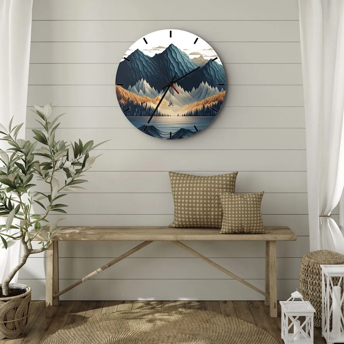 Reloj de pared - Reloj de vidrio - Montañas en tonos azul marino y beige sobre el lago por la mañana. - 30x30cm - Paisaje perfecto de montañas - Decoración de pared moderna para salón, cocina y dormitorio ARTTOR