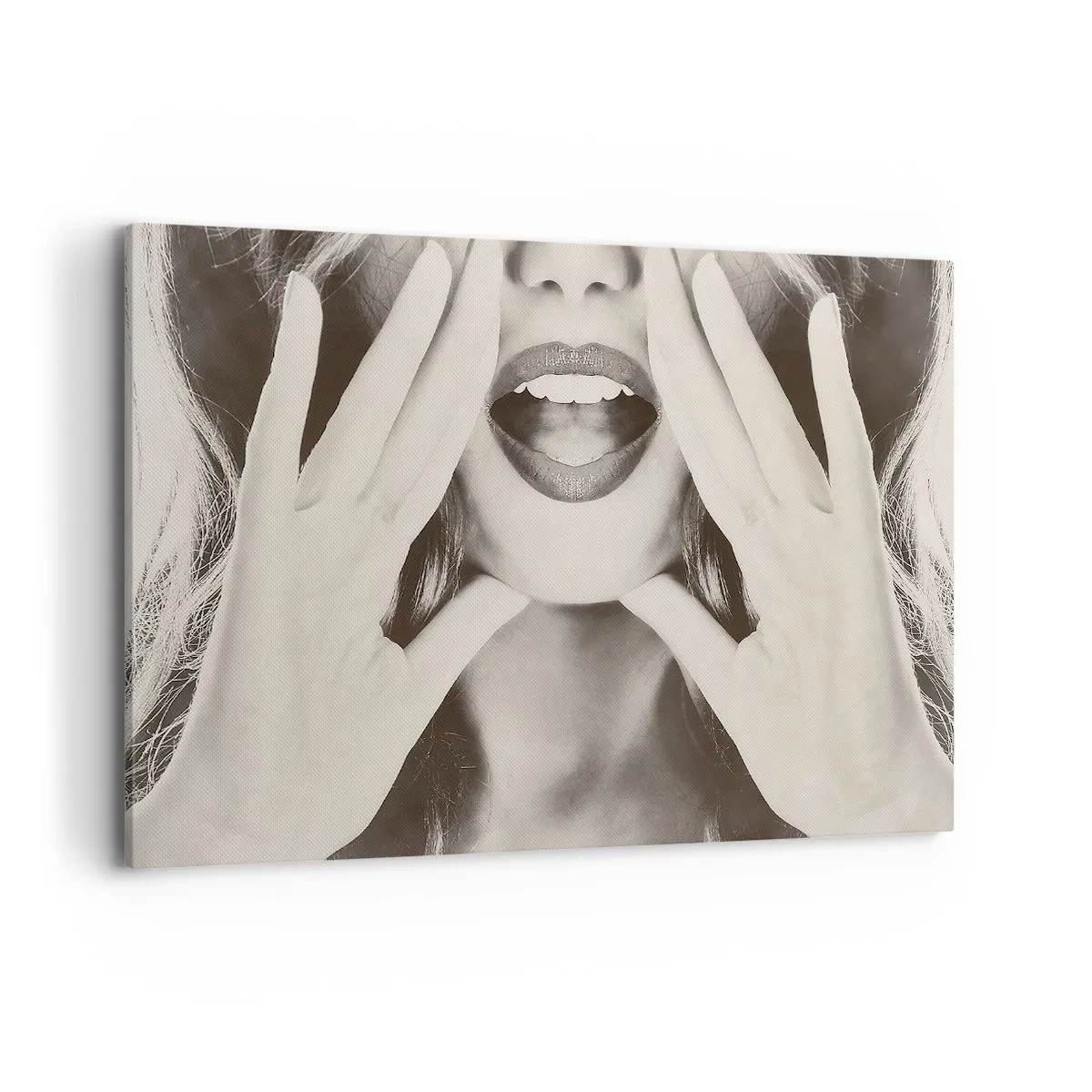 Cuadro sobre lienzo - Impresión de Imagen - Retrato en blanco y negro de una mujer con labios y manos expresivos. - 120x80cm - ¡Ya estoy en camino! - Decoración de pared moderna para salón y dormitorio ARTTOR