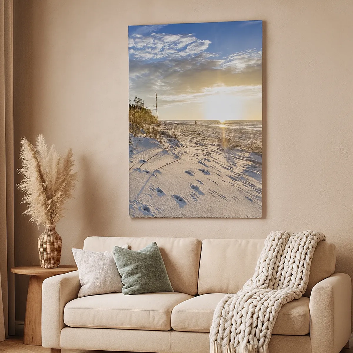 Cuadro sobre lienzo - Impresión de Imagen - Dunas con hierba y huellas en la arena al atardecer - 50x70cm - Invitación a un paseo - Decoración de pared moderna para salón y dormitorio ARTTOR