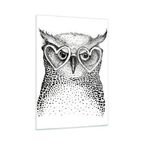Cuadro sobre vidrio - Impresiones sobre Vidrio - Ilustración de un búho con gafas en forma de corazón - 50x70cm - Con sabiduría y amor - Decoración de pared moderna para salón y dormitorio ARTTOR