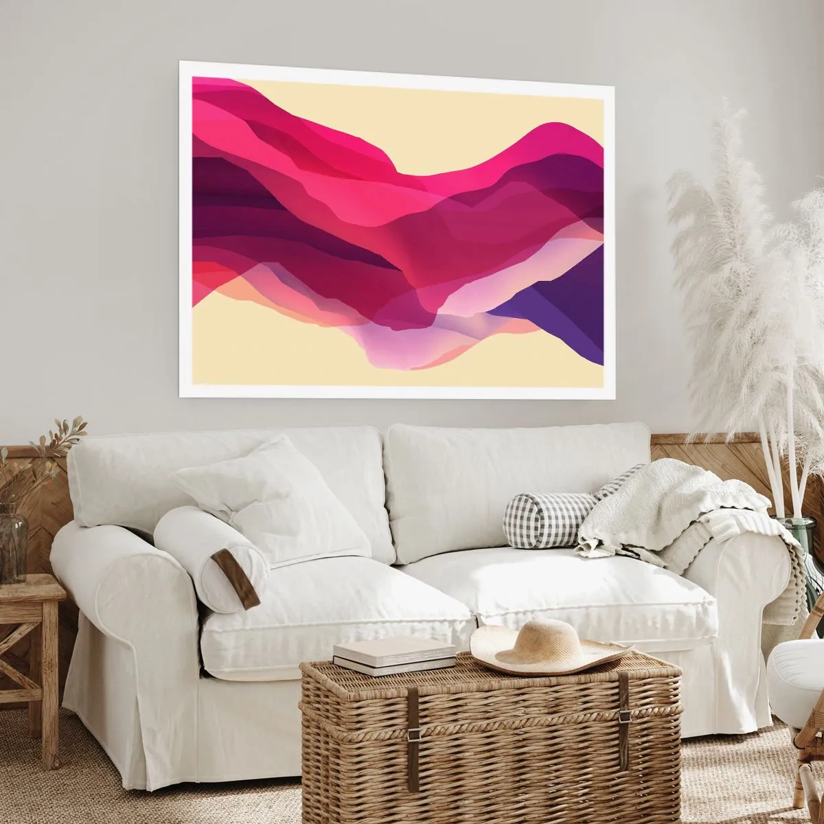 Póster - Ondas abstractas en tonos morados y rosas sobre un fondo claro. - 100x70cm - Ondas púrpuras - Decoración de pared moderna para salón y dormitorio ARTTOR