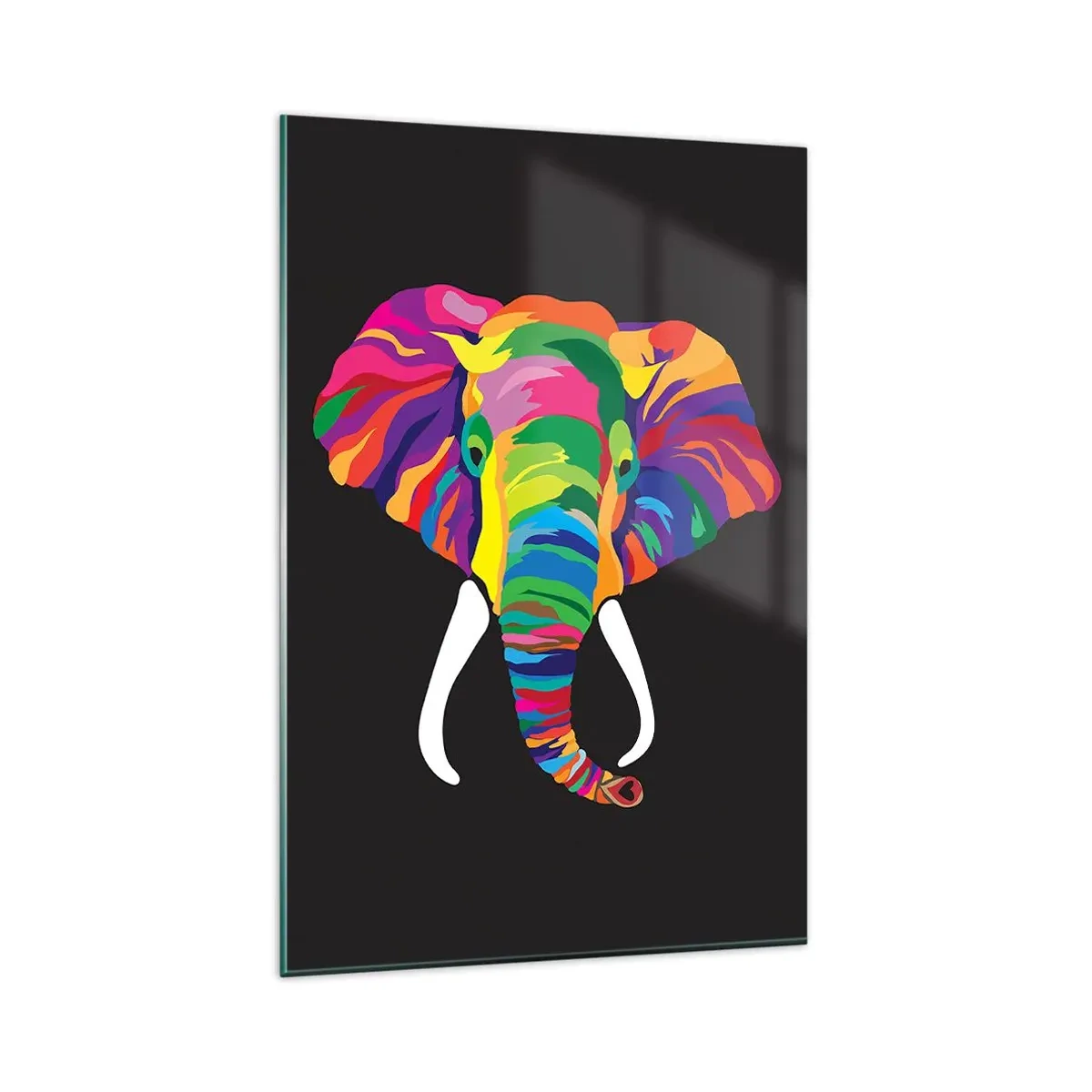 Cuadro sobre vidrio - Impresiones sobre Vidrio - Una imagen colorida de un elefante sobre un fondo negro. - 80x120cm - El elefante al que le gustaba bañarse en el arco iris - Decoración de pared moderna para salón y dormitorio ARTTOR