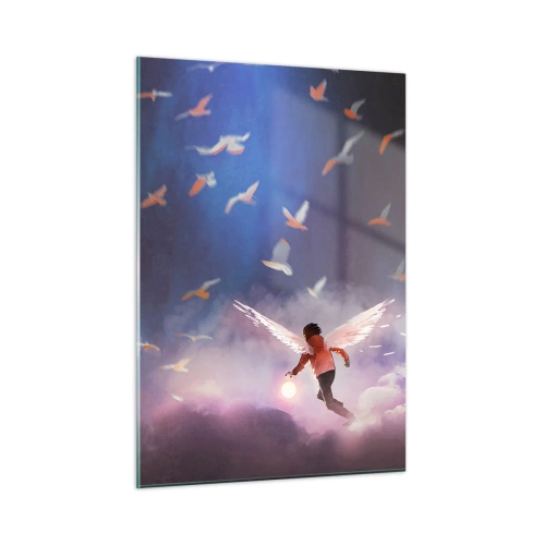 Cuadro sobre vidrio - Impresiones sobre Vidrio - Una figura con alas de ángel flotando entre las nubes. - 50x70cm - Imaginación y valor - Decoración de pared moderna para salón y dormitorio ARTTOR