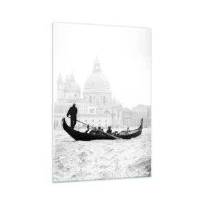 Cuadro sobre vidrio - Impresiones sobre Vidrio - Una góndola con la basílica al fondo en blanco y negro. - 70x100cm - Un viaje a la fuente de la belleza - Decoración de pared moderna para salón y dormitorio ARTTOR