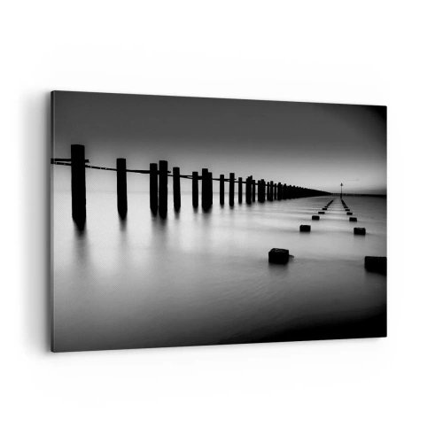 Cuadro sobre lienzo - Impresión de Imagen - Postes de madera y bloques de hormigón sumergidos en agua en tonos blanco y negro - 120x80cm - Valles grises en la niebla - Decoración de pared moderna para salón y dormitorio ARTTOR
