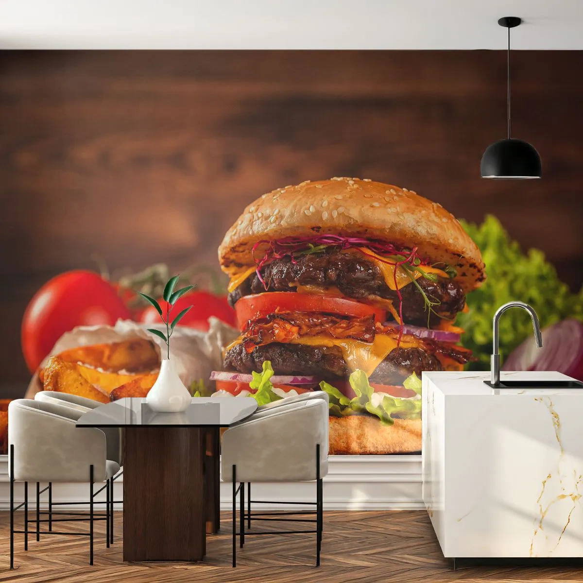 Fotomural Premium Sand - Deliciosa hamburguesa con patatas fritas sobre un fondo de madera. - 100x70cm - Fruta prohibida - Decoración de pared moderna para salón y dormitorio ARTTOR