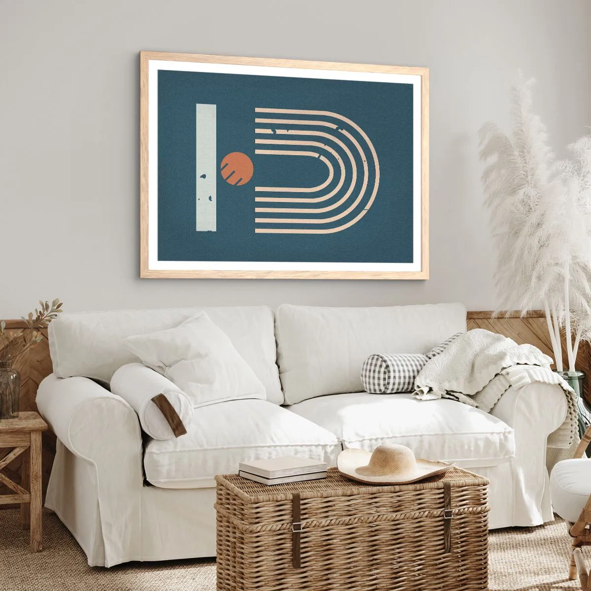 Póster en marco roble claro - Geometría sobre azul marino - 70x50 cm