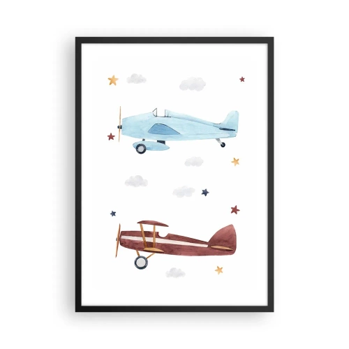 Póster en marco negro - Ilustraciones en acuarela de dos aviones flotando entre las nubes y las estrellas. - 50x70cm - ¡Piloto, estamos esperando! - Decoración de pared moderna para salón y dormitorio ARTTOR