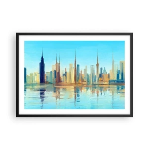 Póster en marco negro - Un panorama de la ciudad en colores cálidos con reflejo en el agua. - 70x50cm - Metrópolis soleada - Decoración de pared moderna para salón y dormitorio ARTTOR