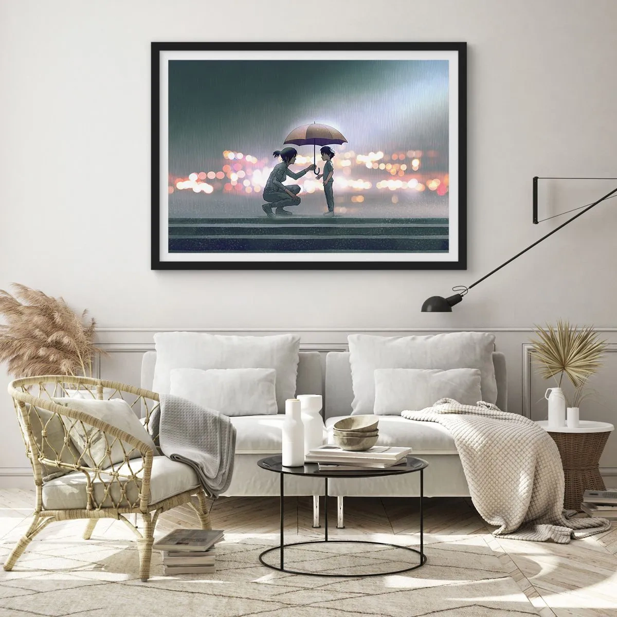 Póster en marco negro - Una figura con un paraguas protegiendo a un niño contra el fondo de luces nocturnas. - 70x50cm - Y todo está bien - Decoración de pared moderna para salón y dormitorio ARTTOR