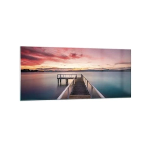 Cuadro sobre vidrio - Impresiones sobre Vidrio - Un embarcadero que conduce a un lago tranquilo al atardecer. - 120x50cm - La suave llama del atardecer - Decoración de pared moderna para salón y dormitorio ARTTOR