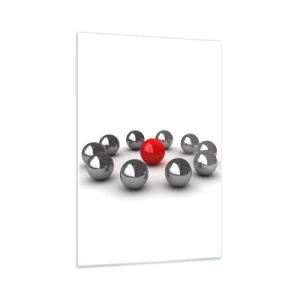 Cuadro sobre vidrio - Impresiones sobre Vidrio - Una bola roja rodeada de bolas plateadas sobre un fondo blanco. - 70x100cm - Círculo en plata y rojo - Decoración de pared moderna para salón y dormitorio ARTTOR