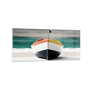 Cuadro sobre vidrio - Impresiones sobre Vidrio - Un barco en la playa con un mar turquesa al fondo. - 120x50cm - En su lugar exacto - Decoración de pared moderna para salón y dormitorio ARTTOR