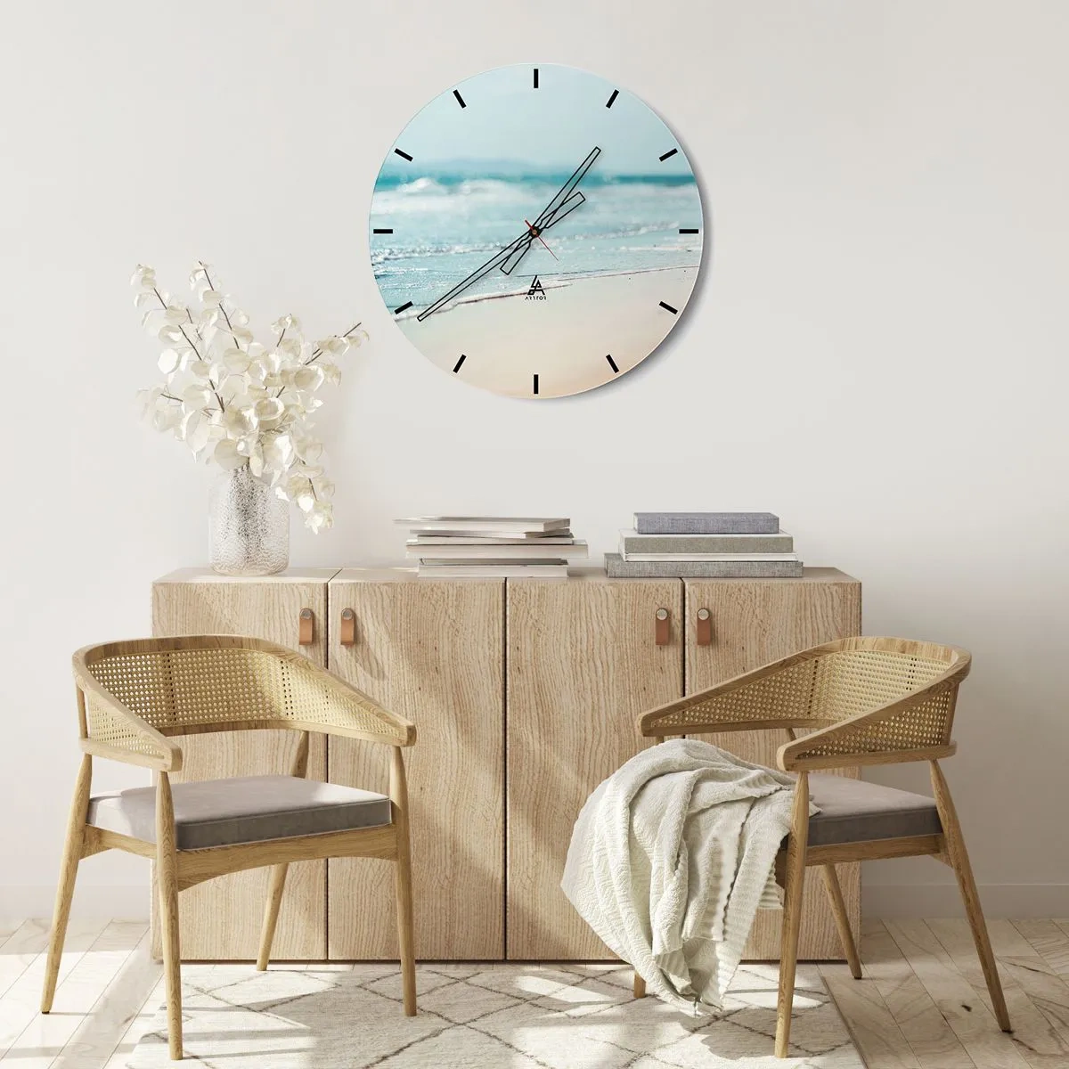 Reloj de pared - Reloj de vidrio - Playa y olas por la mañana. - 30x30cm - Calor y brisa - Decoración de pared moderna para salón, cocina y dormitorio ARTTOR