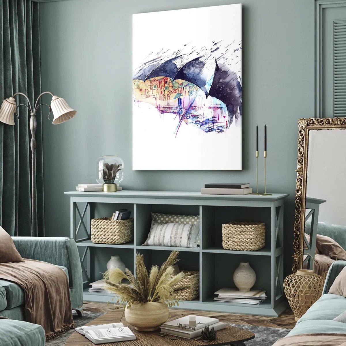 Cuadro sobre lienzo - Impresión de Imagen - Caminando bajo la lluvia - 55x100 cm