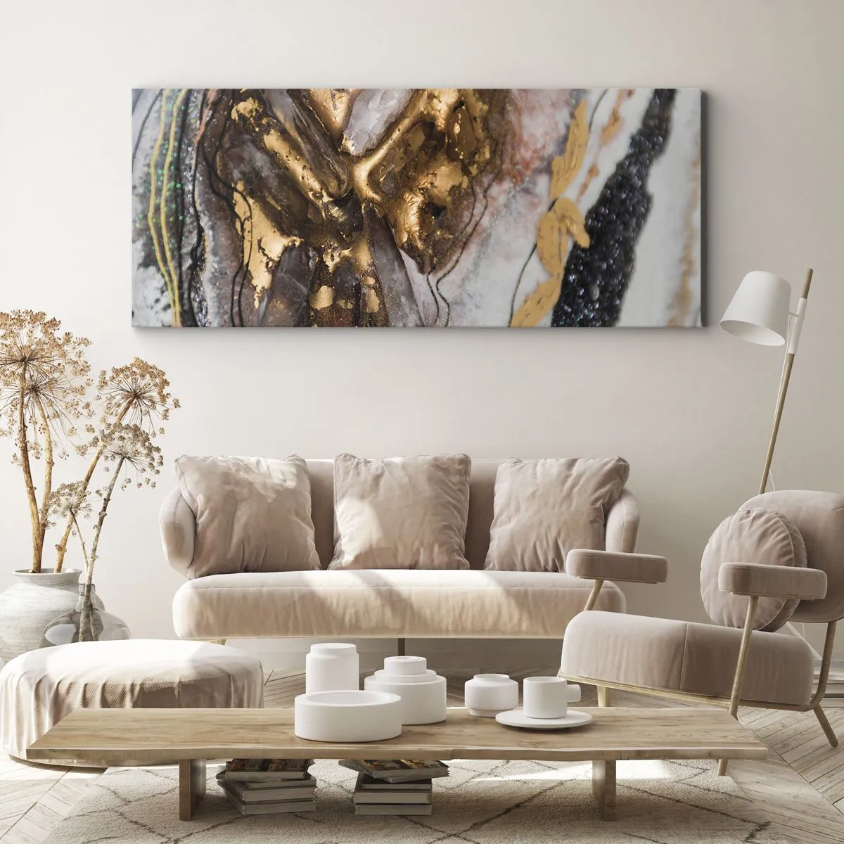 Cuadro sobre lienzo - Impresión de Imagen - Composición abstracta con elementos de oro y cristales. - 160x50cm - Elemento de la tierra - Decoración de pared moderna para salón y dormitorio ARTTOR