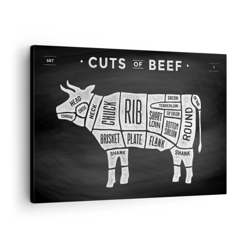 Cuadro sobre lienzo - Impresión de Imagen - Diagrama de cortes de carne de res sobre un fondo negro - 70x50cm - Manual del carnicero - Decoración de pared moderna para salón y dormitorio ARTTOR