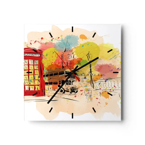 Reloj de pared - Reloj de vidrio - Temática londinense con autobús rojo y cabina. - 30x30cm - Una ciudad de la diversidad - Decoración de pared moderna para salón y dormitorio ARTTOR