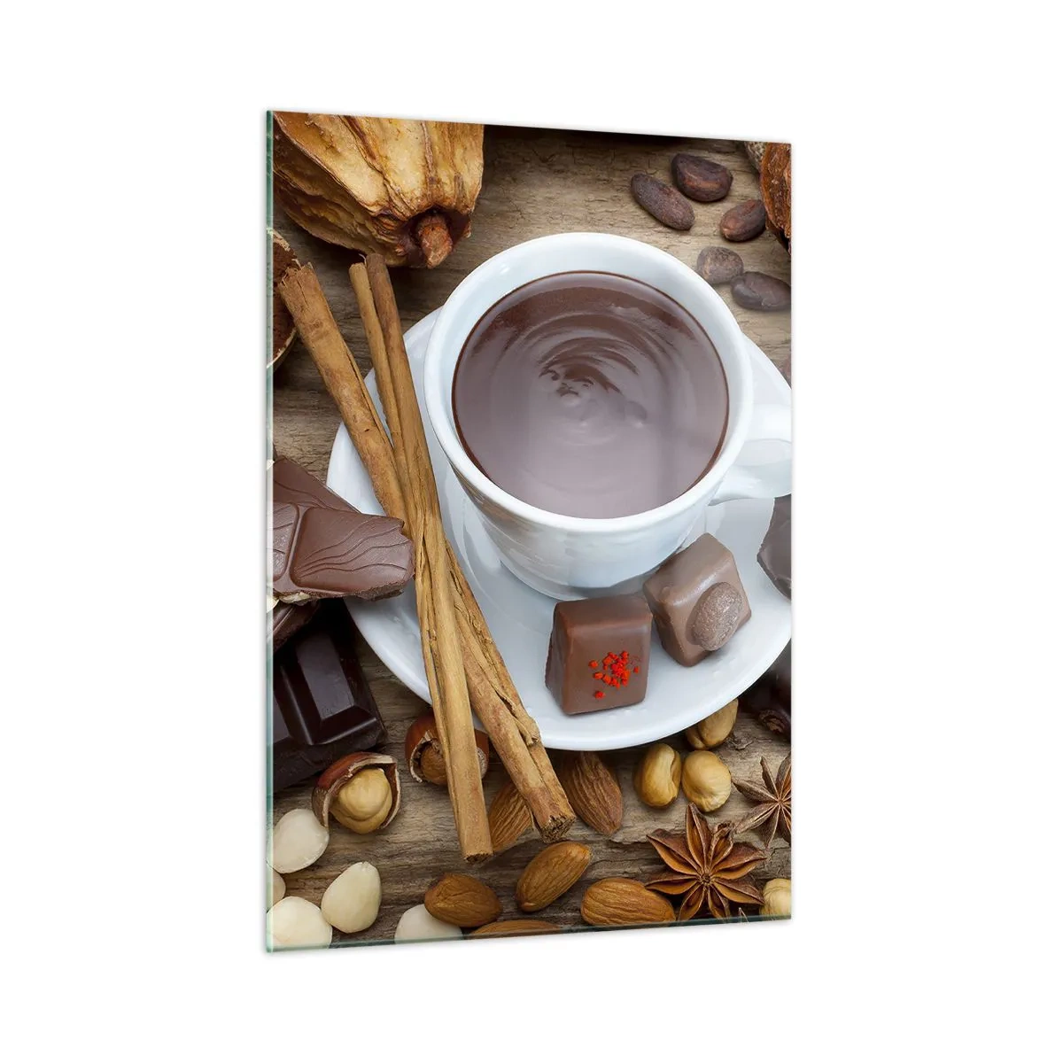 Cuadro sobre vidrio - Impresiones sobre Vidrio - Una taza de chocolate caliente con aderezos sobre un fondo rústico. - 50x70cm - Chocolate de ensueño - Decoración de pared moderna para salón y dormitorio ARTTOR