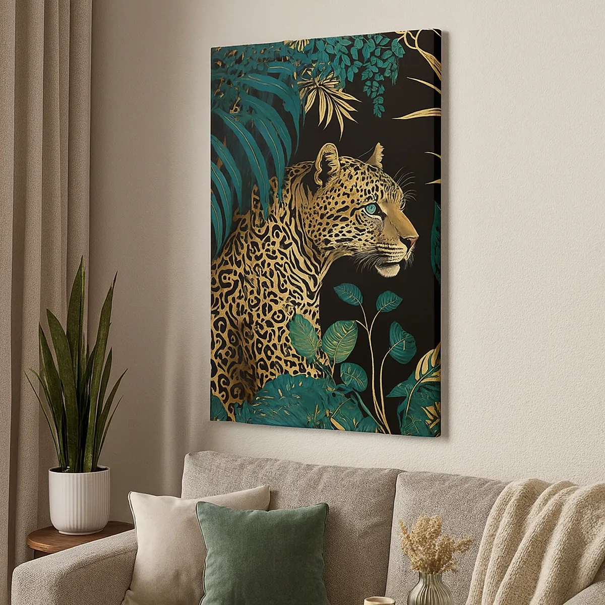 Cuadro sobre lienzo - Impresión de Imagen - Leopardo en hojas tropicales sobre un fondo negro - 50x70cm - El anfitrión en la jungla - Decoración de pared moderna para salón y dormitorio ARTTOR