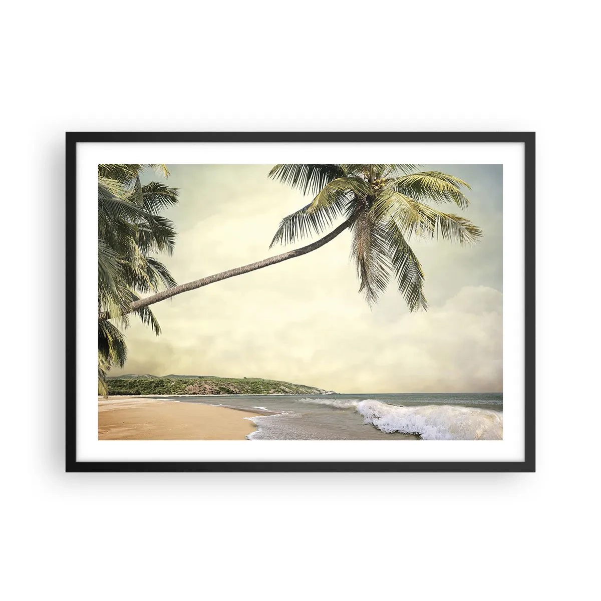 Póster en marco negro - Una playa con palmeras con el mar en calma como telón de fondo. - 70x50cm - Sueño tropical - Decoración de pared moderna para salón y dormitorio ARTTOR