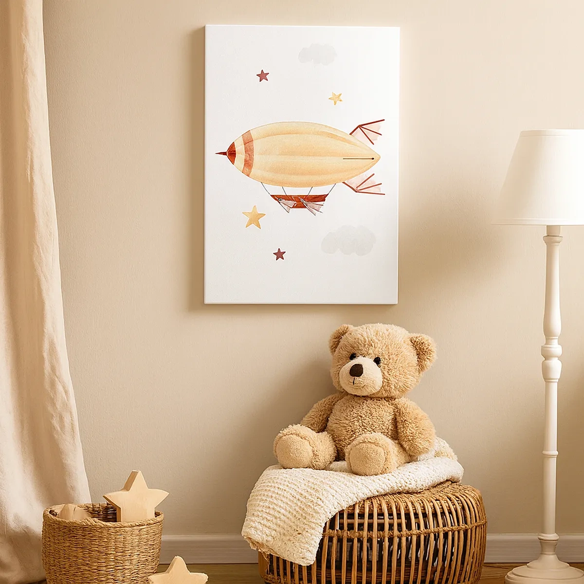 Cuadro sobre lienzo - Impresión de Imagen - Un dirigible pintado a mano con un fondo de estrellas. - 50x70cm - Dirigible - Decoración de pared moderna para salón y dormitorio ARTTOR