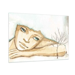 Cuadro sobre vidrio - Impresiones sobre Vidrio - Una figura sutil de una mujer con un árbol sobre un fondo de colores de acuarela. - 100x70cm - El árbol de la poesía crece en el silencio - Decoración de pared moderna para salón y dormitorio ARTTOR