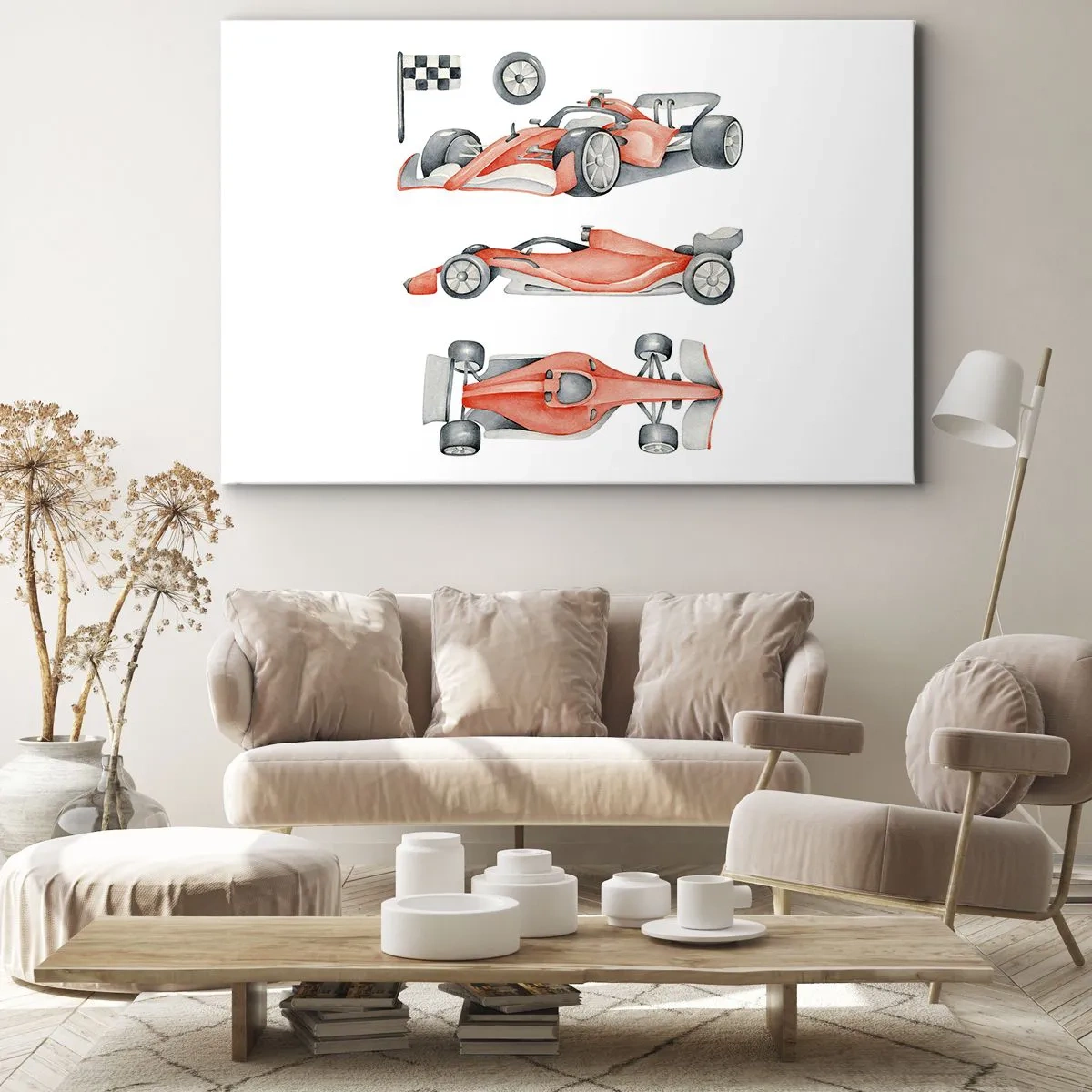 Cuadro sobre lienzo - Impresión de Imagen - Un coche de carreras rojo con una bandera a cuadros. - 70x50cm - Para alcanzar un sueño - Decoración de pared moderna para salón y dormitorio ARTTOR