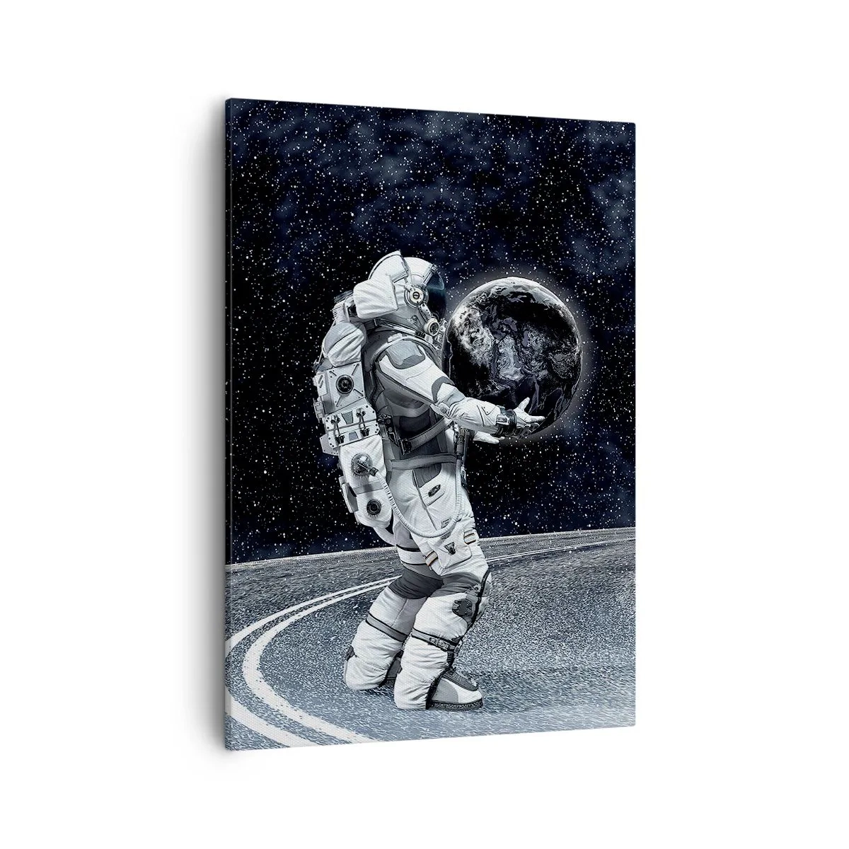 Cuadro sobre lienzo - Impresión de Imagen - Astronauta con la Tierra contra el cielo estrellado - 50x70cm - En la Vía Láctea - Decoración de pared moderna para salón y dormitorio ARTTOR