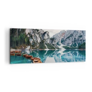 Cuadro sobre lienzo - Impresión de Imagen - Un lago con barcos rodeado de montañas. - 120x50cm - Te mostraremos la fuente de la belleza - Decoración de pared moderna para salón y dormitorio ARTTOR