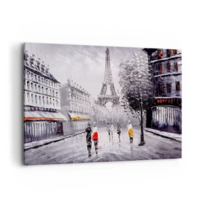 Cuadro sobre lienzo - Impresión de Imagen - Una vista de la Torre Eiffel en un entorno monocromático con acentos de color. - 120x80cm - Un paseo parisino - Decoración de pared moderna para salón y dormitorio ARTTOR