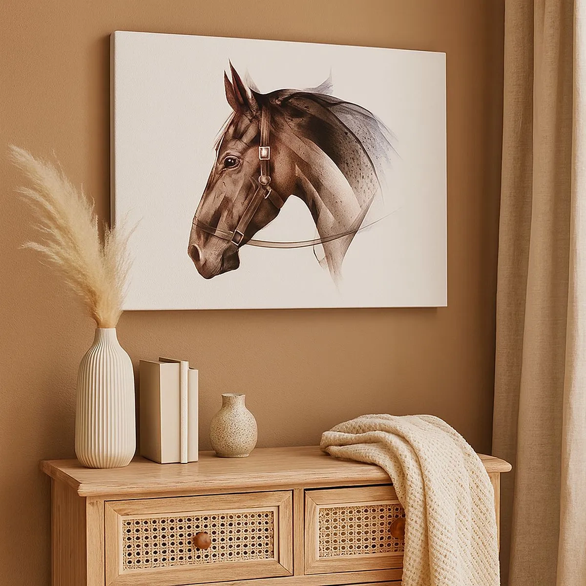 Cuadro sobre lienzo - Impresión de Imagen - Un perfil de caballo en una delicada forma artística sobre un fondo blanco. - 70x50cm - Elegancia - Decoración de pared moderna para salón y dormitorio ARTTOR